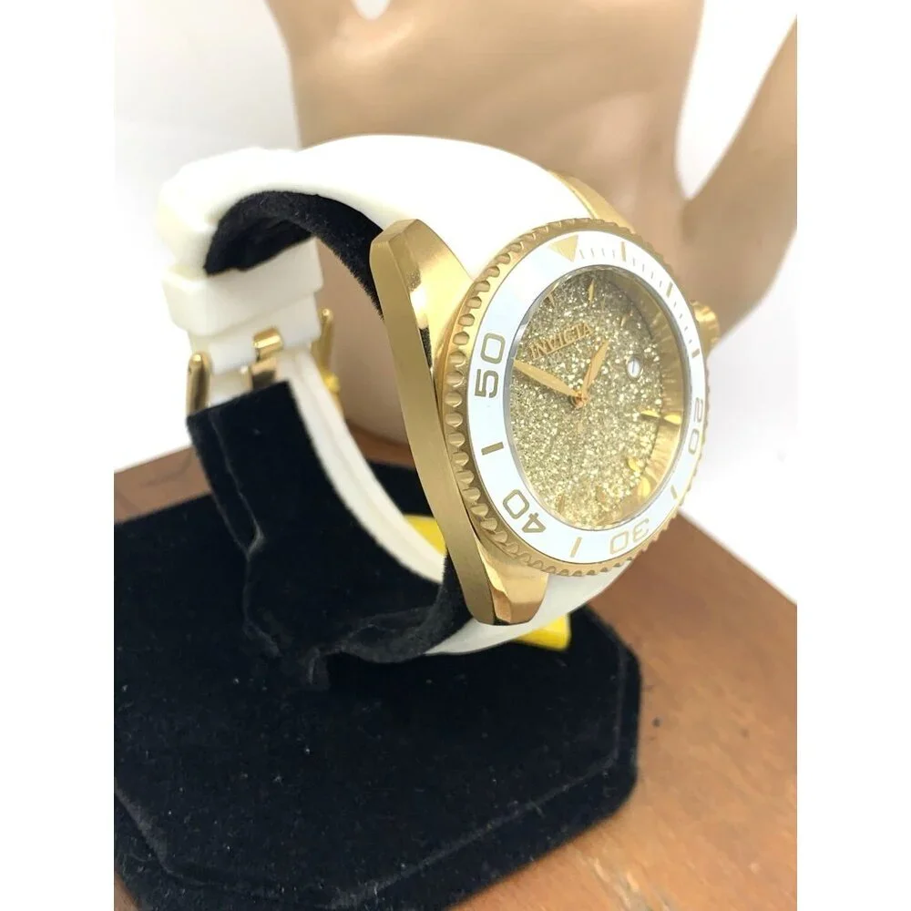 Invicta Women's Watch 22703 Angel Round Analog Date Gold Tone White Rubber Strap